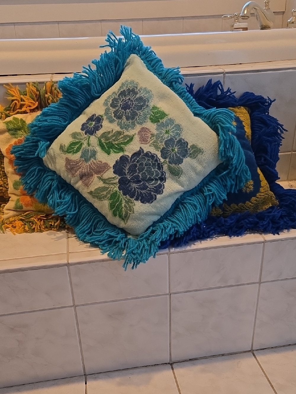 Lot Of 3 Handmade Yarn Fringe Throw Pillows